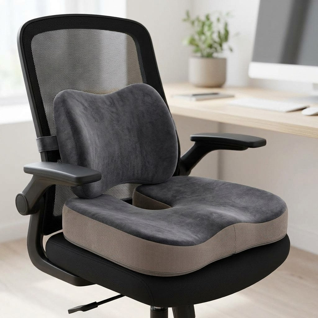 Ovva lumbar pillow and seat cushion on an office chair