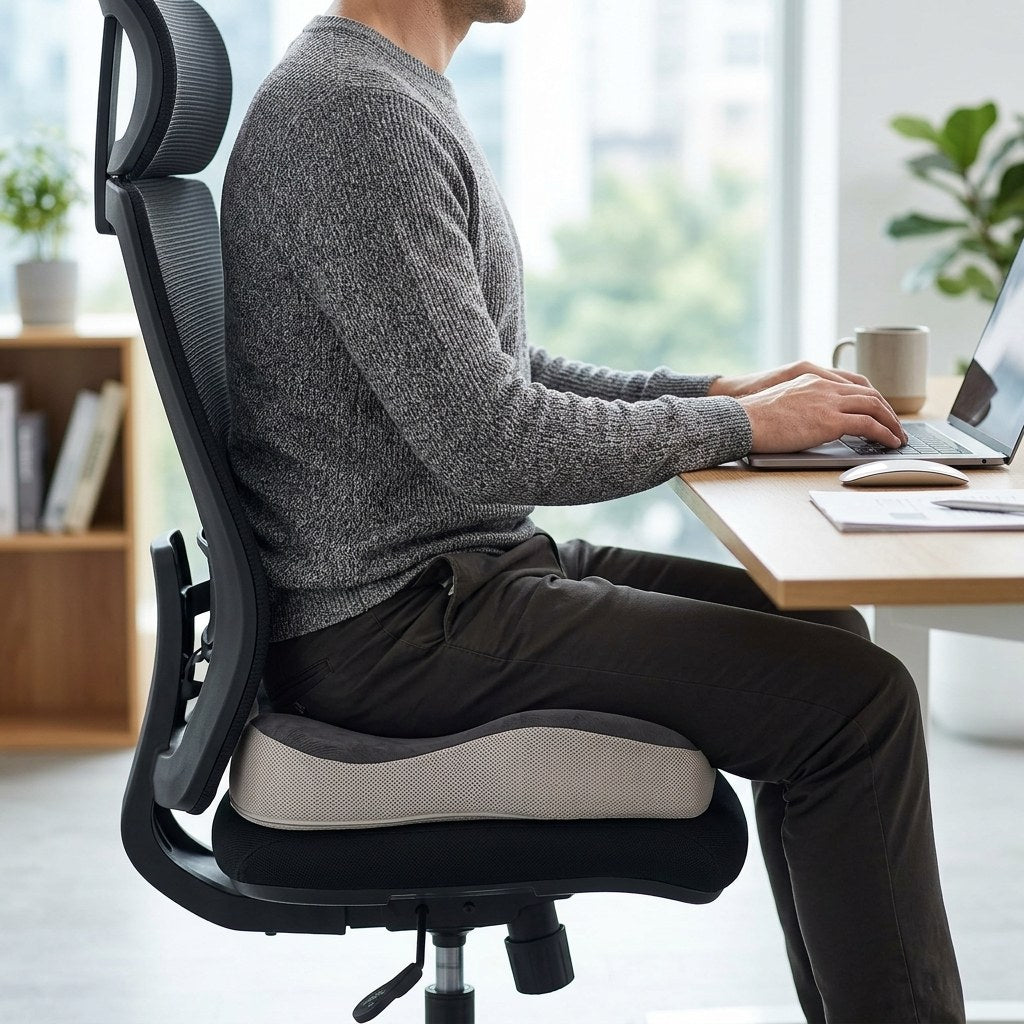 Person working at a desk sitting on the Ovva seat cushion